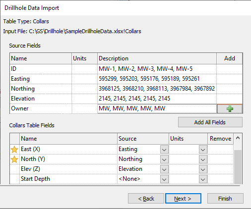 Example Drillhole Data Import dialog for collars data