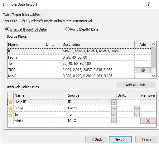 Example Drillhole Data Import dialog for interval data