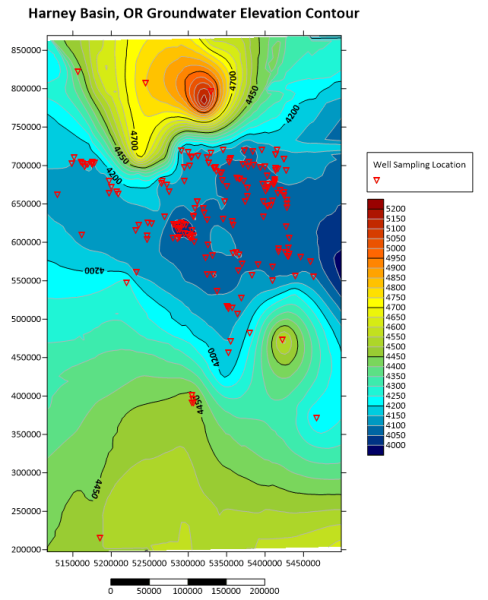 Harney Basin Groundwater Contour map created in Surfer