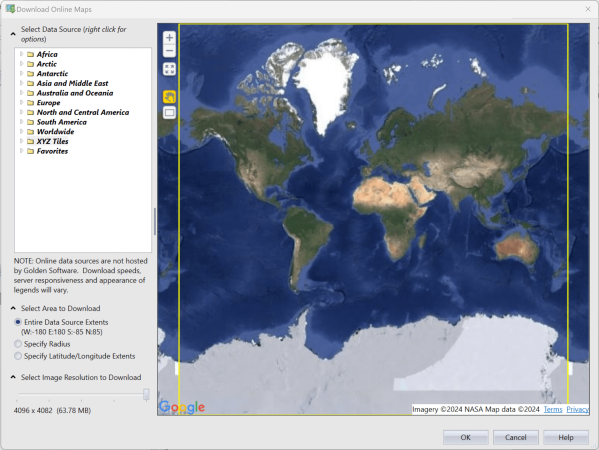 Select or add the server, specify extents and resolution, and download layers in the Download Online Maps dialog.